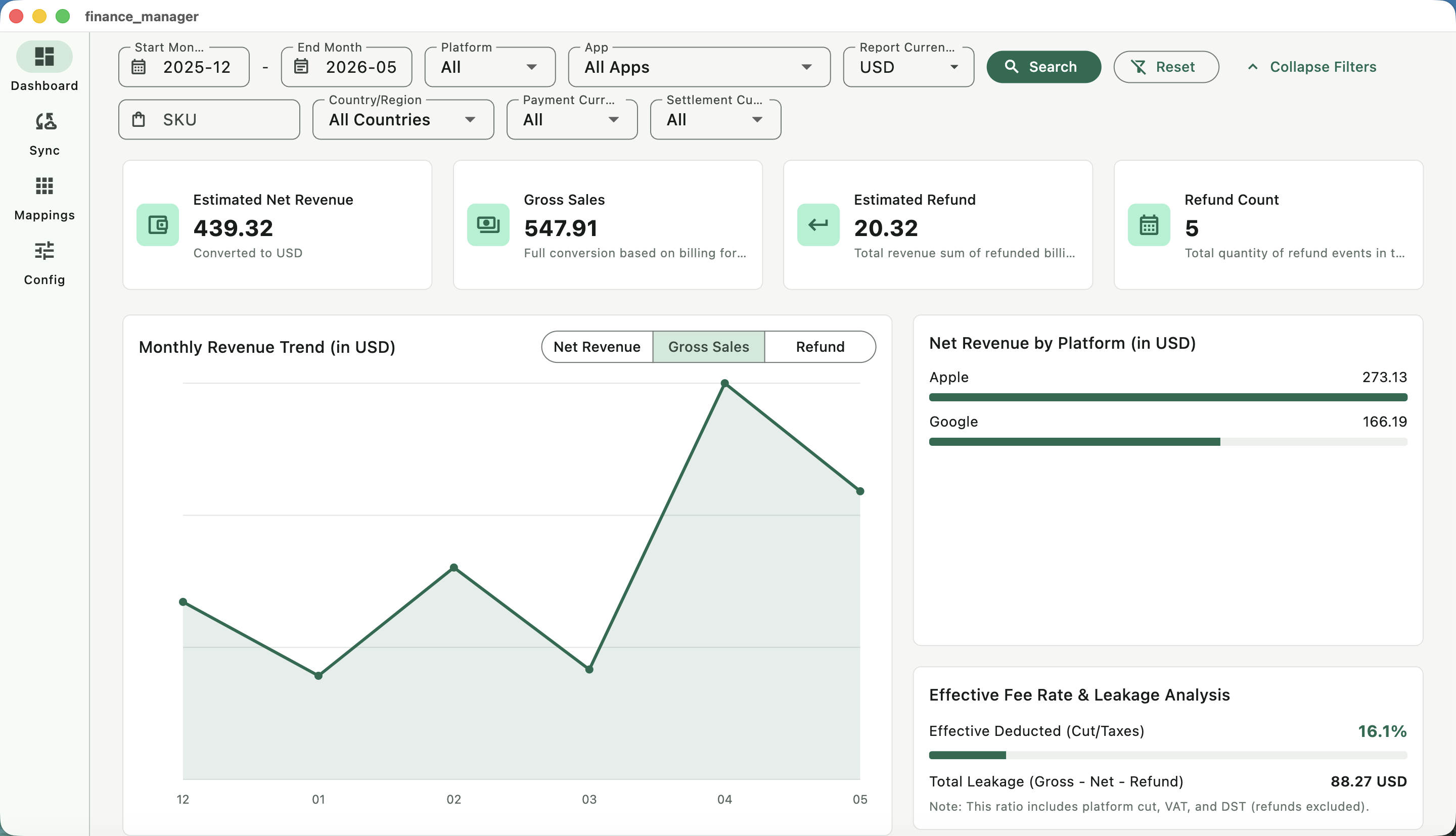 Store Finance Desk local dashboard preview showing revenue and rankings